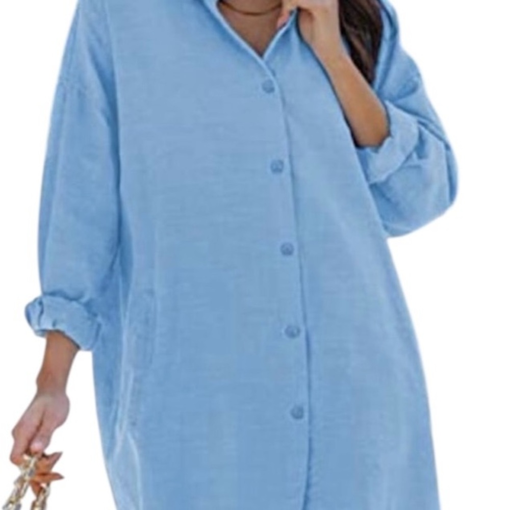 C&C California Light Blue Linen Button-Down Shirt Dress